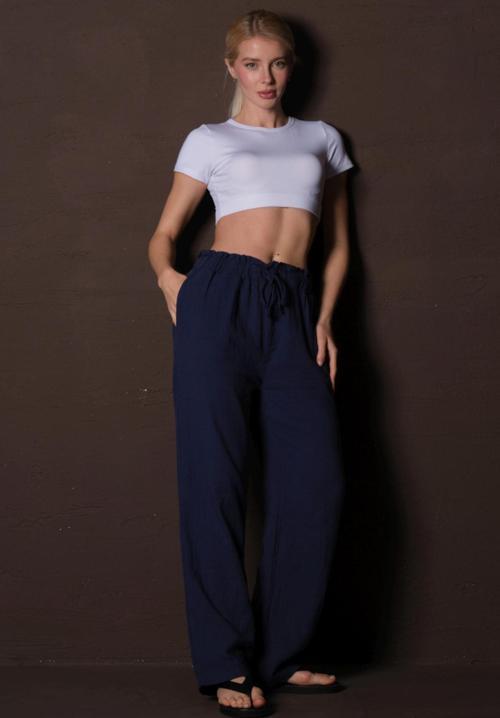 %100 Pamuk Müslin Kumaş Geniş Kesim Bağcıklı Lastikli Cepli Kadın Pantolon @Lugo