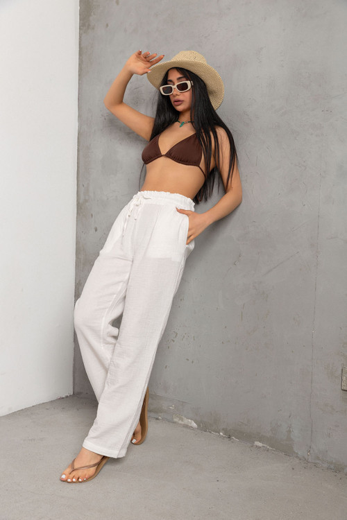 %100 Pamuk Müslin Kumaş Geniş Kesim Bağcıklı Lastikli Cepli Kadın Pantolon @Lugo