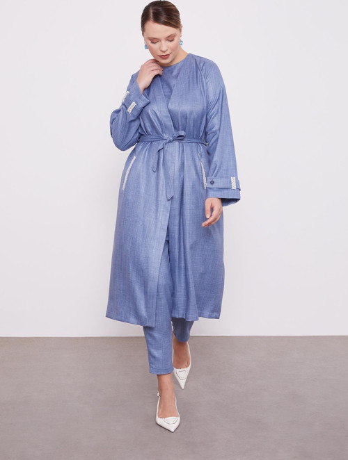 Mavi İşlemeli Melanj Kimono Üçlü Takım