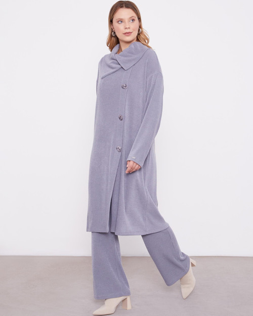 Gri Düğme Detaylı Pantolonlu Tunik Takım