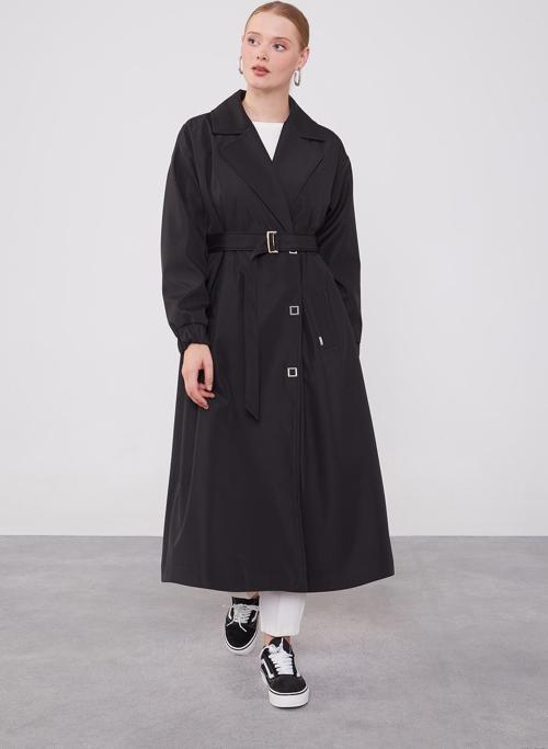 Siyah Kolu Lastik Detay Trençkot