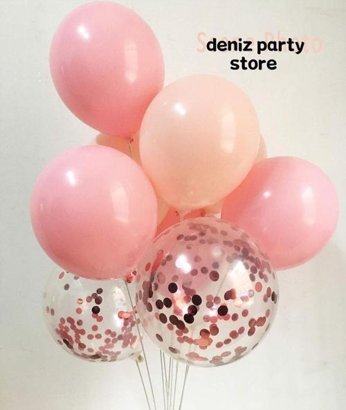 2 ADET MAKARON SOMON 2 ADET  MAKARON PEMBE 2 ADET ROSE GOLD KONFETİLİ ŞEFFAF BALON