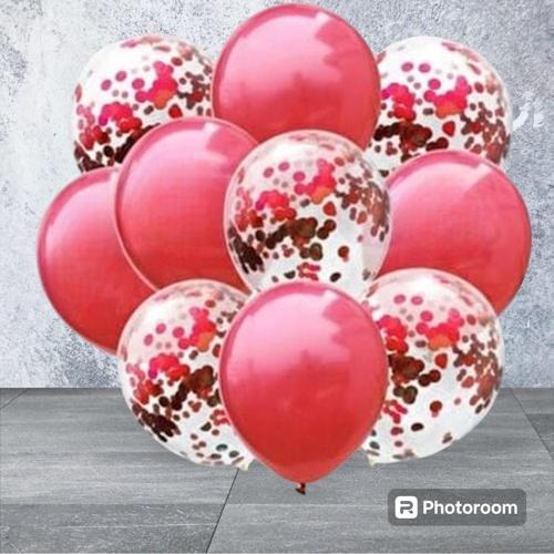 Kırmızı  Konfetili Şeffaf metalik Kırmız  Balon Seti 10 Adet