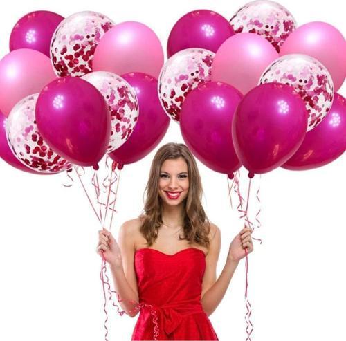 Metalik Fuşya Pembe Fuşya Konfetili Şeffaf Balon 12 Inç 15 Adet