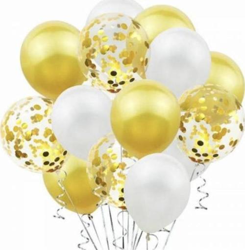 Metalik gold beyaz gold konfetili şeffaf balon  12 inç 15 adet 