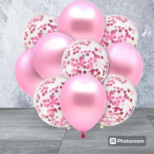Pembe  Konfetili Şeffaf metalik Pembe  Balon Seti 10 Adet