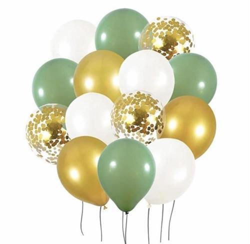 RETRO KÜF YEŞİLİ METALİK GOLD BEYAZ GOLD KONFETİLİ ŞEFFAF BALON SETİ 20 ADET