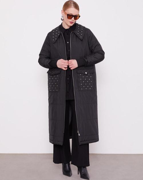 Siyah Kapitone Cep Detaylı Mont