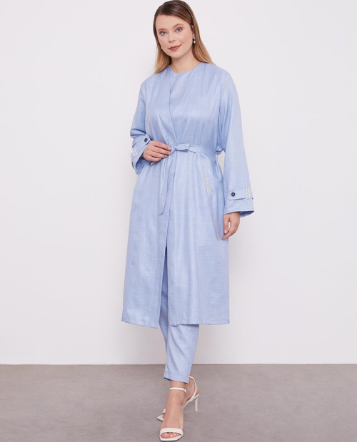 Bebe Mavisi İşlemeli Melanj Kimono Üçlü Takım