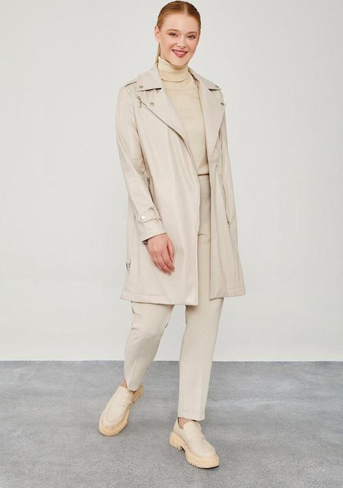 Taş Kemerli Uzun Deri Ceket