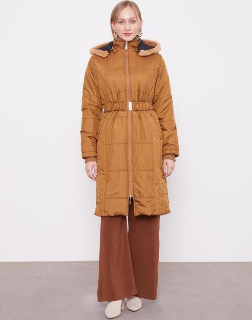 Kahve Kürk Şapkalı Şişme Mont