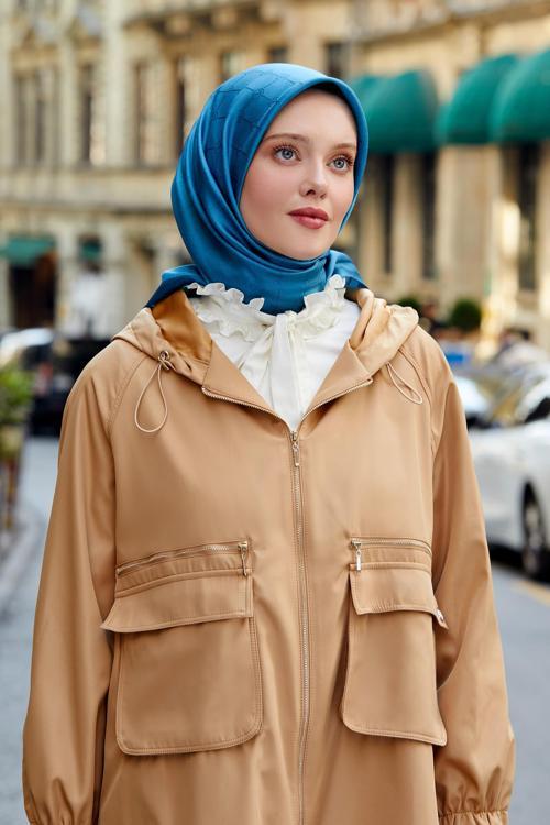 Camel Kapüşonlu Fermuar Kapama Trençkot