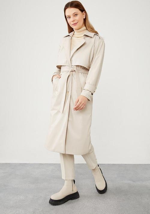 Taş Midi Boy Kuşaklı Deri Trençkot