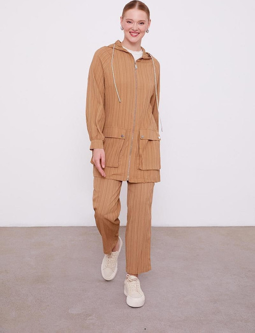 Camel Kapüşonlu Fermuarlı Pantolon Takım
