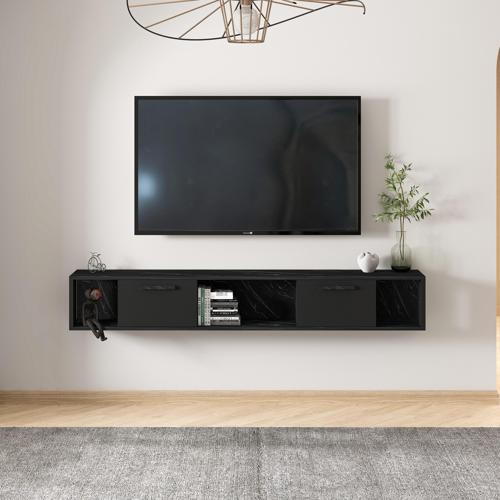 T006 Viero Mermer Desenli Duvara Monte TV Ünitesi – 160 cm, Kapaklı Raflı