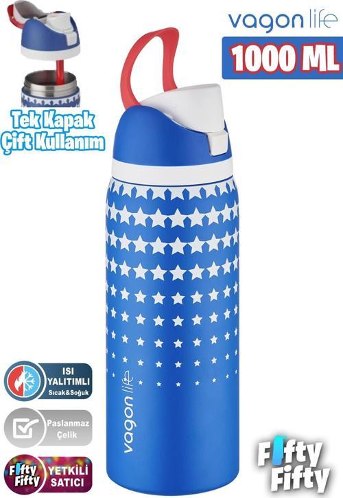 1000 ML Tek Kapak Çift Kullanım Pipetli/Pipetsiz Taşıma Kulplu Çelik Termos -FFVGN045ML1000Desenli