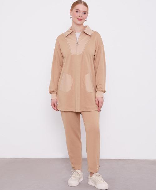 Camel Poplin Karışımlı Zımba Detay Spor Takım