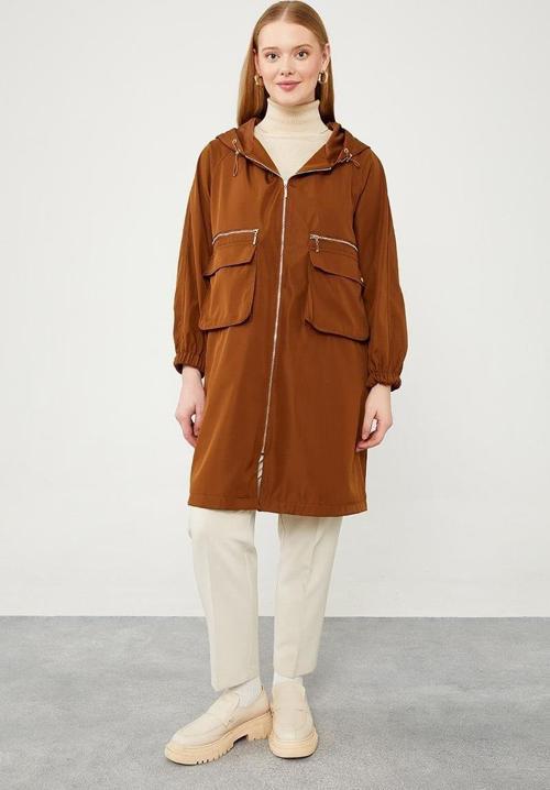 Taba Kapüşonlu Fermuar Kapama Trençkot