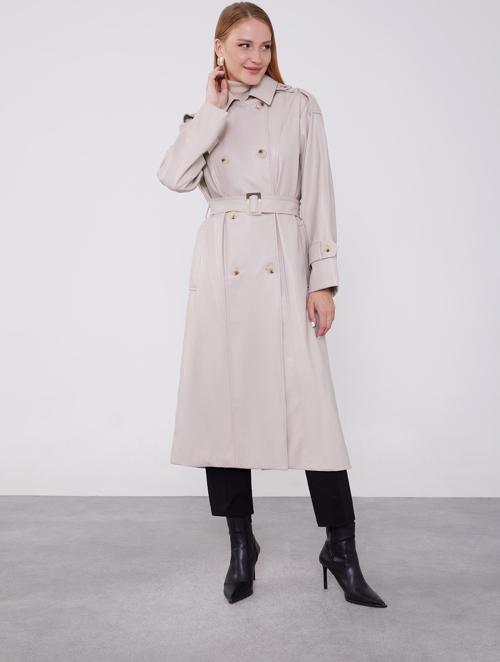 Taş Apoletli Suni Deri Trençkot