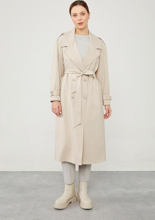 Bej Çizgili Desen Kuşak Kapamalı Trençkot