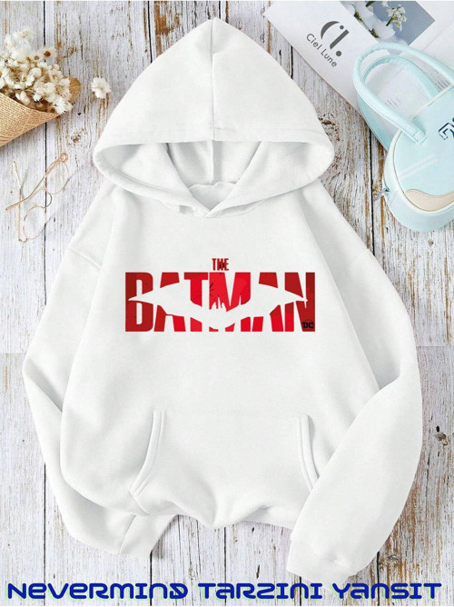 Nevermınd Unisex Batman Ön Logo Baskılı Oversize Baskılı Kapşonlu Sweatshirt 3 Iplik