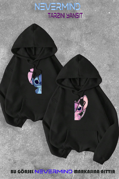 Nevermınd Sevgili Çift Kombin Lilo Ve Angel Baskılı Yılbaşı Konsept Kapüşonlu Sweatshirt 2Li Set Takım