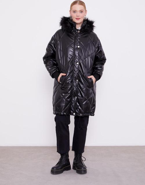 Siyah Kapitone Kapüşonlu Mont