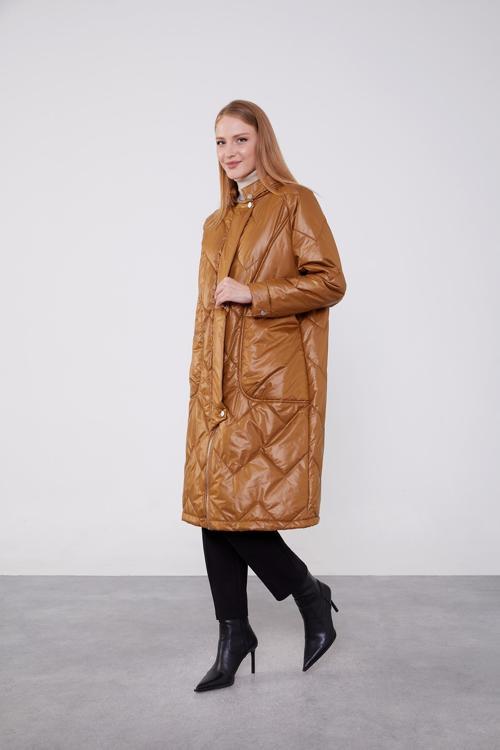 Kahve Yüksek Cep Kapitone Şişme Mont