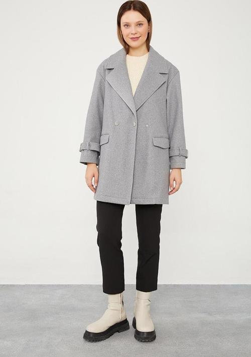 Gri Tek Düğmeli Astarsız Kısa Kaşe Kaban