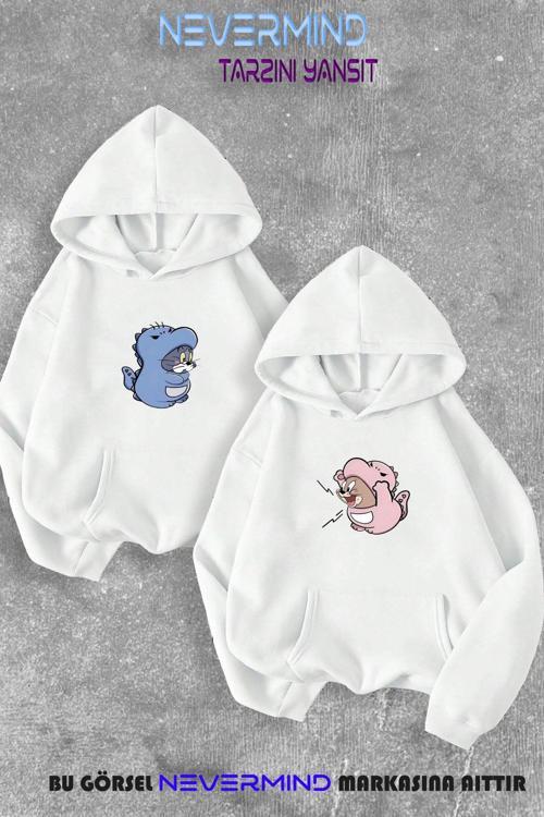 Sevgili Çift Kombini Bebek Tom Ve Jerry  Baskılı Kapüşonlu Sweatshirt 2Li Set Takım