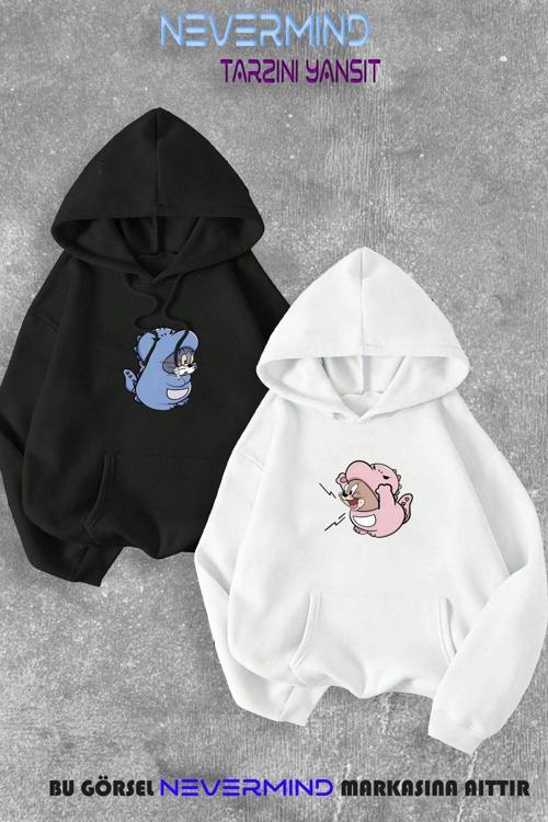 Sevgili Çift Kombini Bebek Tom Ve Jerry  Baskılı Kapüşonlu Sweatshirt 2Li Set Takım