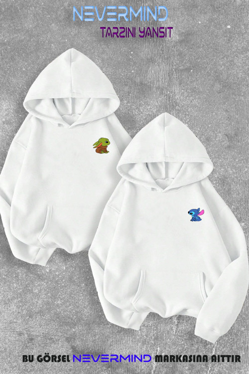 Nevermınd Sevgili Çift Kombini Baby Yoda&Stitch Baskılı Kapüşonlu Sweatshirt 2Li Set Takım