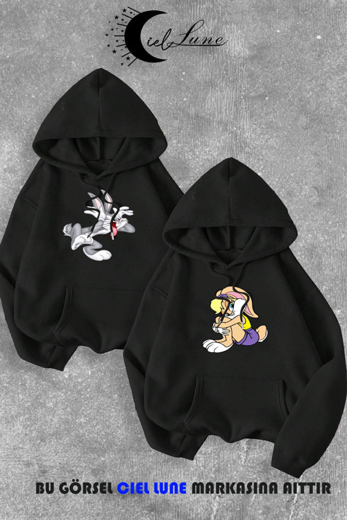 Nevermınd Sevgili Çift Kombini Bugs Bunny Ve Lola Bunny Baskılı Kapüşonlu Sweatshirt 2Li Set Takım 3 İplik