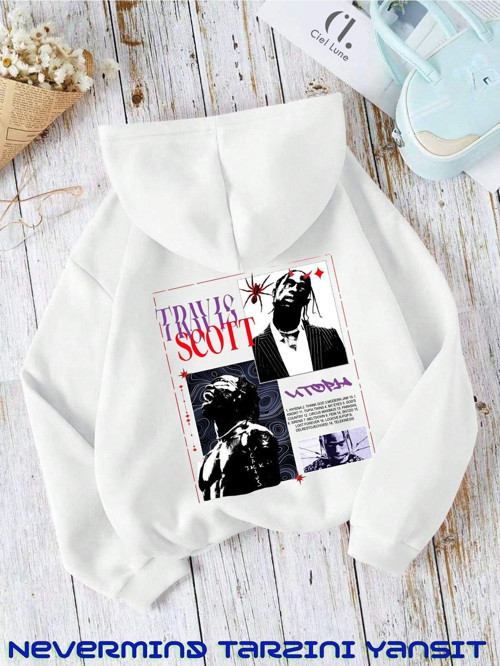 Nevermınd Unisex Travis Scott Baskılı Oversize Baskılı Kapşonlu Sweatshirt 3 Iplik