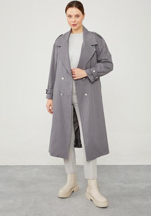Antrasit Çizgili Desen Kuşak Kapamalı Trençkot