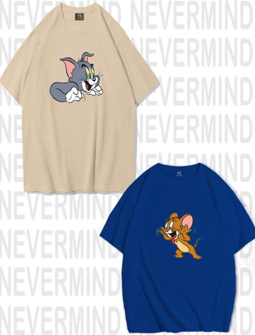 Nevermınd Unisex Tom Ve Jerry Ön Baskılı Sevgili Çift Kombini Tasarım Oversize Tshirt 2'Li