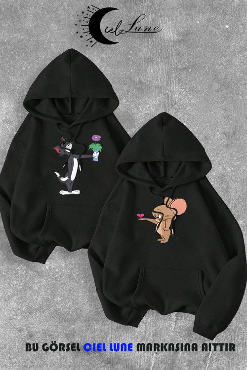 Nevermınd Unisex Çiçekli Tom Ve Jerry Baskılı Sevgili Çift Kombini Tasarım Oversize Hoodie 2Li 3 Iplik