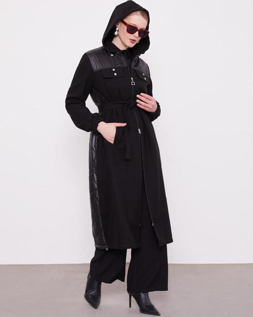 Siyah Belden Bağlamalı Kaipşonlu Kaşe Kaban