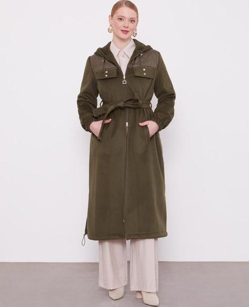 Haki Belden Bağlamalı Kaipşonlu Kaşe Kaban