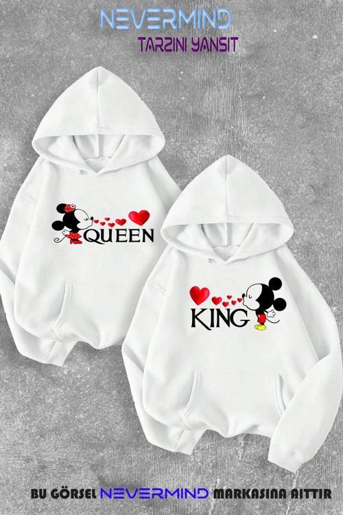 Sevgili & Arkadaş Çift Kombini Mickey And Mouse Baskılı Kapüşonlu Sweatshirt 2Li Set Takım