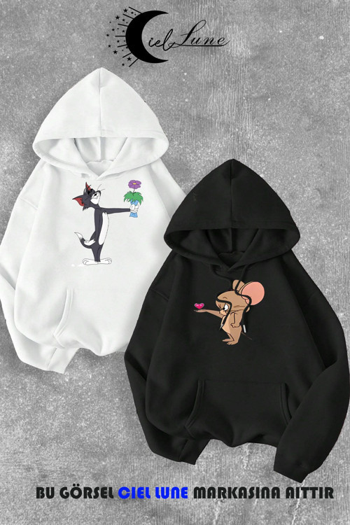 Nevermınd Unisex Çiçekli Tom Ve Jerry Baskılı Sevgili Çift Kombini Tasarım Oversize Hoodie 2Li 3 Iplik