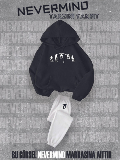Nevermınd Eşofman Takımı Sweatshirt Jogger - Oversize Pamuk Skate Baskılı Sweatshirt-Jogger Alt