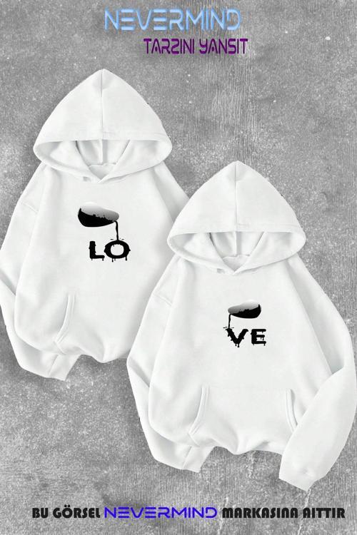 Sevgili Çift Kombini Lo&Ve  Baskılı Kapüşonlu Sweatshirt 2Li Set Takım
