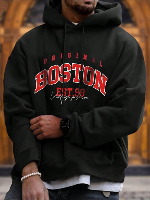Nevermınd Unisex Boston Est.98 Baskılı Oversize Baskılı Kapşonlu Sweatshirt 3 Iplik