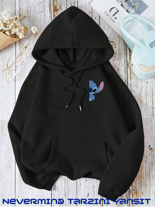 Nevermınd Unisex Stitch Ön Baskılı Oversize Baskılı Kapşonlu Sweatshirt 3 Iplik