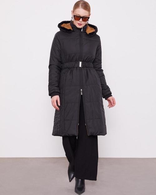 Siyah Kürk Şapkalı Şişme Mont