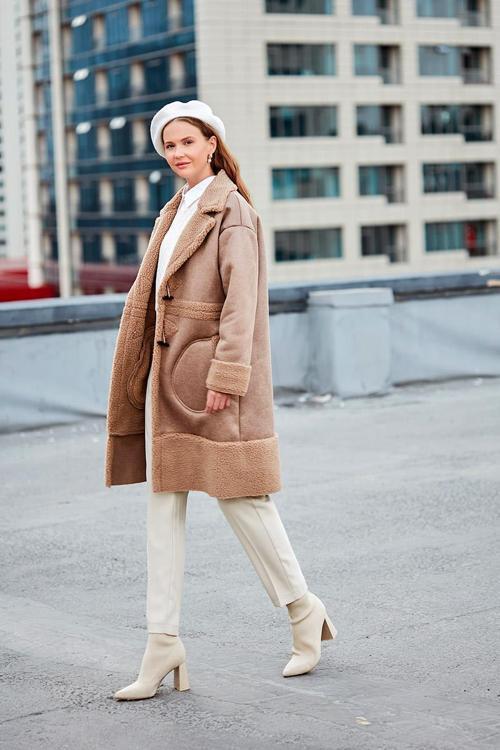 Vizon Düğme Kapamalı Yün Astarlı Suni Deri Kaban