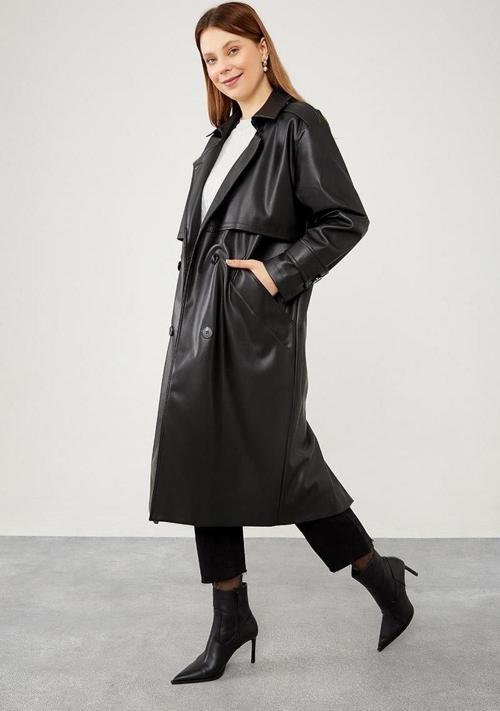 Siyah Midi Boy Kuşaklı Deri Trençkot