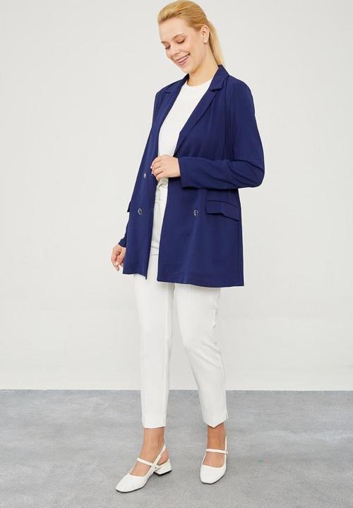 Lacivert Astarı Çizgili Blazer Ceket