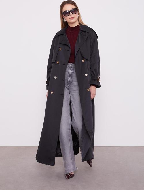 Siyah Kemer Detaylı Trençkot